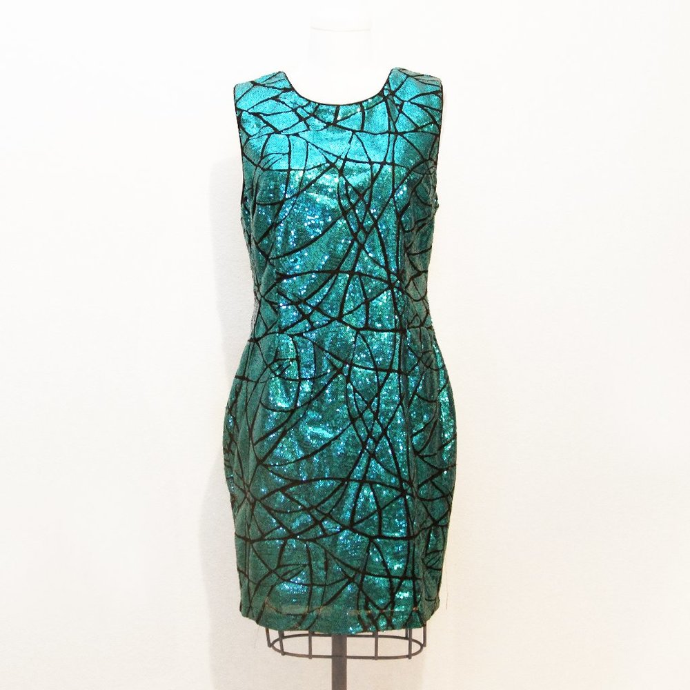 Turquoise Metallic Sequin party dress 'Wearable Art' Size L - Picture 1 of 3
